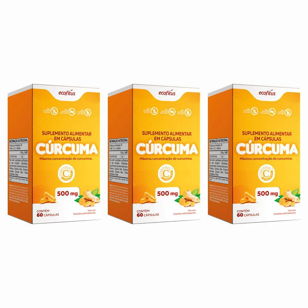 KIT 3 SUPLEMENTO ALIMENTAR CúRCUMA DE 500MG 60CPS - ECOFITUS