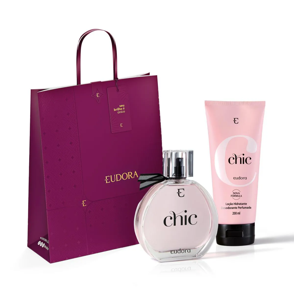 COMBO EUDORA CHIC: DESODORANTE COLôNIA 95ML + LOçãO DESODORANTE HIDRATANTE CORPORAL 200ML + SACOLA EUDORA NATAL