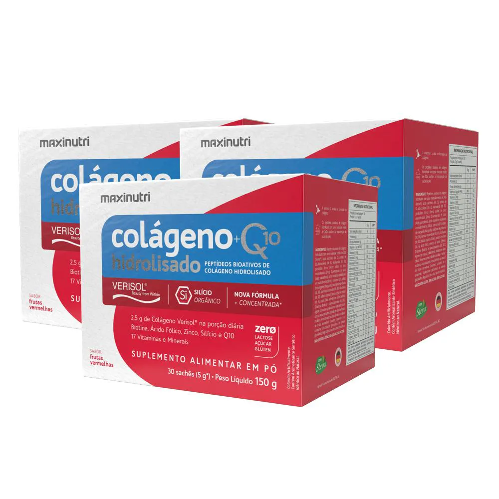 KIT 03 COLáGENO VERISOL 30 SACHES FRUTAS VERMELHAS MAXINUTRI