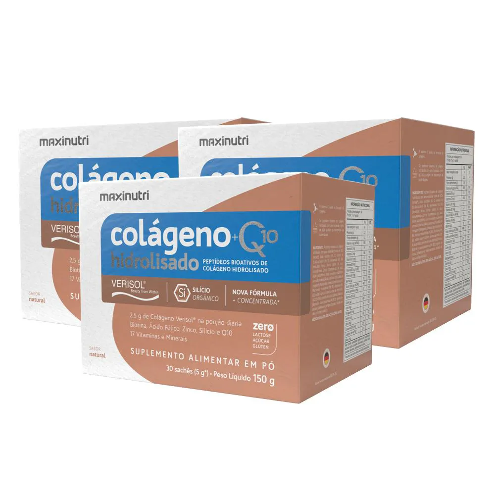 KIT 3 COLáGENO VERISOL NATURAL SACHêS 30X5G + Q10 MAXINUTRI