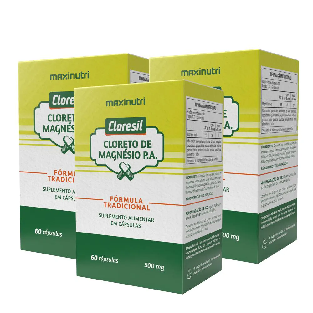 KIT 3 CLORESIL CLORETO MAGNéSIO 500MG 60 CáPSULAS MAXINUTRI