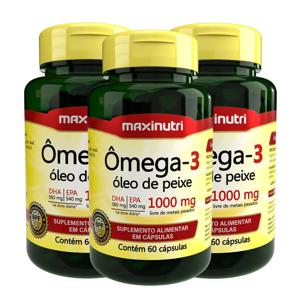 KIT 3 ÔMEGA 3 ÓLEO DE PEIXE 60 CáPSULAS 1000MG MAXINUTRI