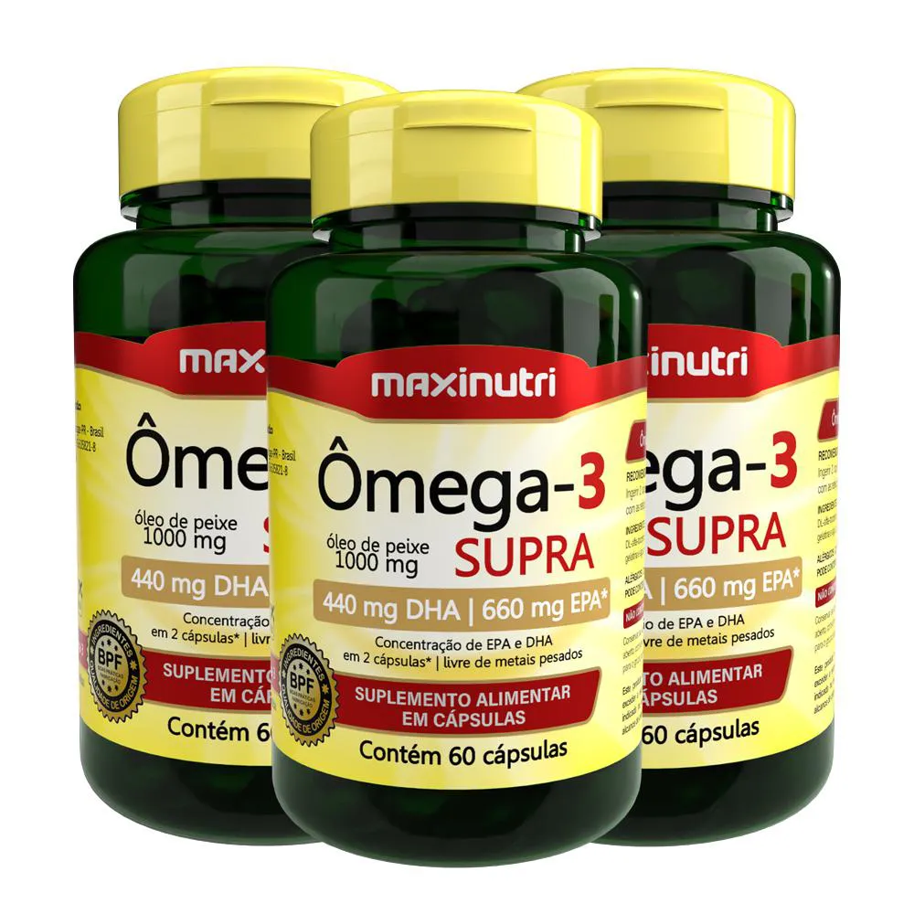 KIT 3 ÔMEGA 3 SUPRA ÓLEO DE PEIXE 1000MG 60 CAPS MAXINUTRI