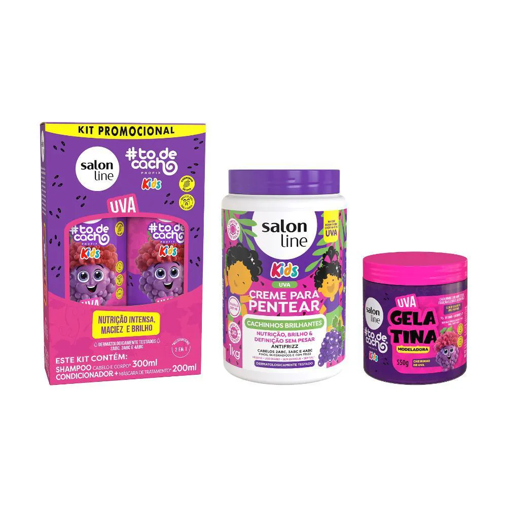 KIT SHAMPOO + CONDICIONADOR + CREME DE PENTEAR 1KG E GELATINA 550G UVA