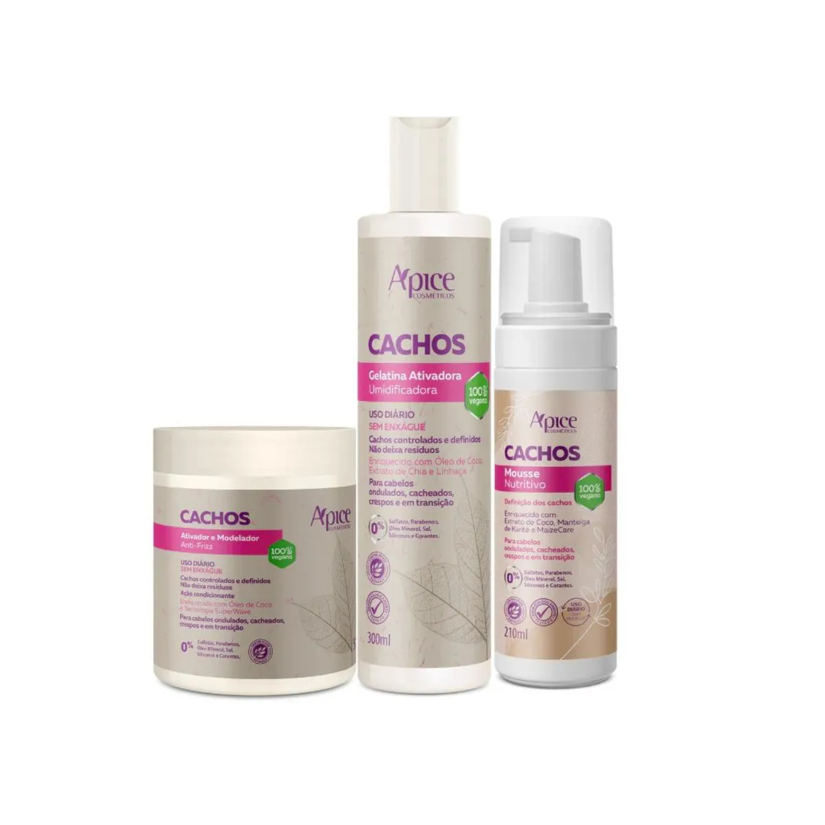KIT CACHOS FINALIZADORES - ATIVADOR, GELATINA E MOUSSE (3 ITENS) APICE