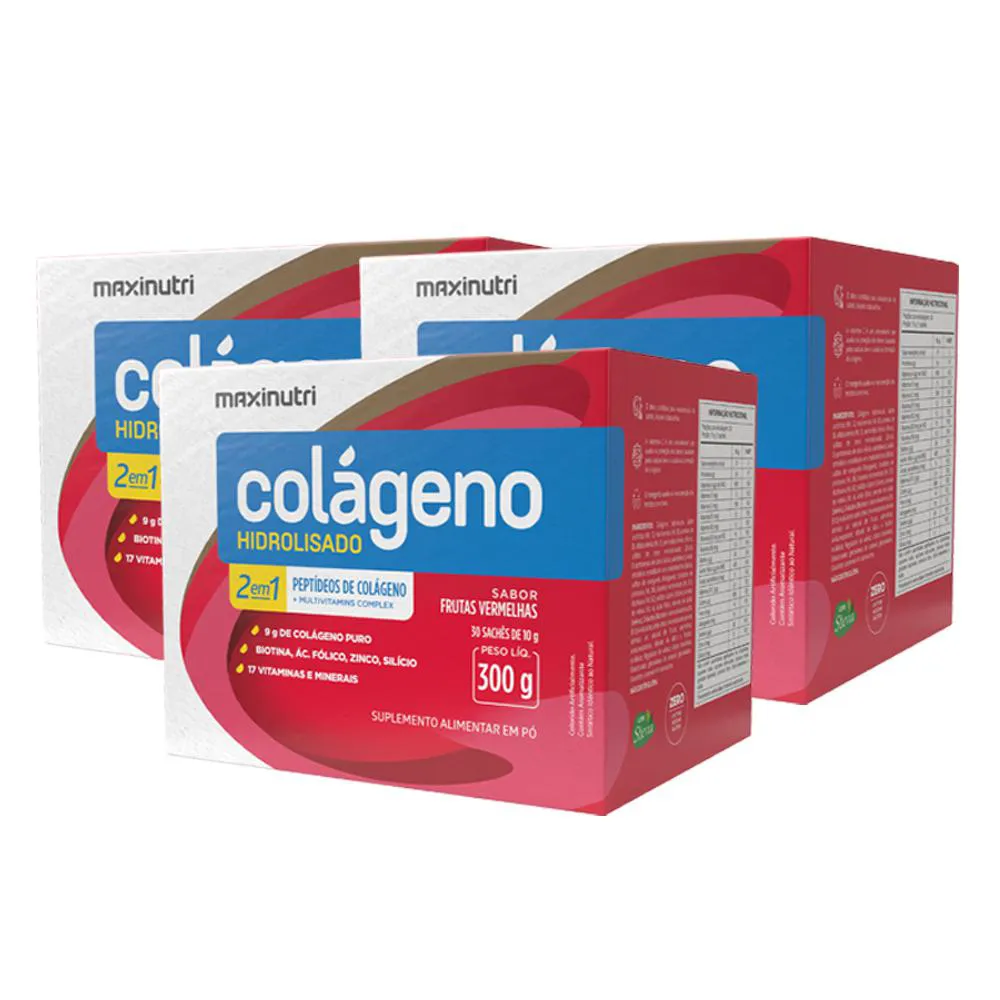 KIT 3 COLáGENO HIDROLISADO SACHES FRUTAS VERMELHAS MAXINUTRI