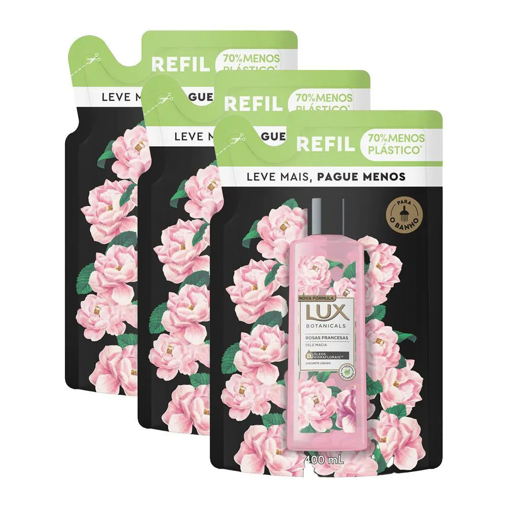 KIT 3 REFIL SABONETE LíQUIDO LUX BOTANICALS ESSêNCIAS DO BRASIL ROSAS FRANCESAS 400ML LEVE MAIS PAGUE MENOS