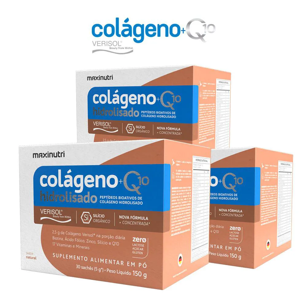 KIT 3 COLáGENO VERISOL SACHêS SABOR NATURAL COM Q10 E SILICIO ORGâNICO MAXINUTRI