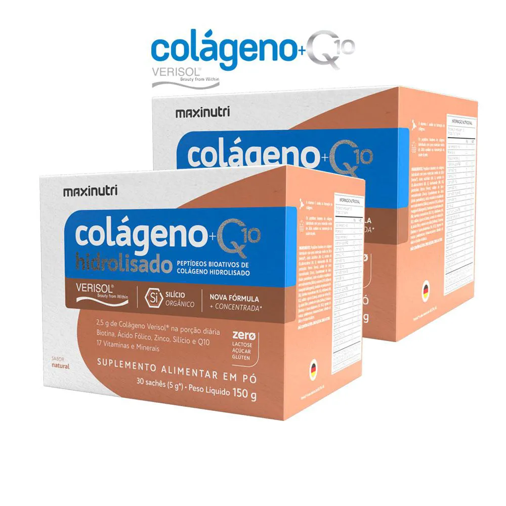 KIT 2 COLáGENO VERISOL SACHêS SABOR NATURAL COM Q10 E SILICIO ORGâNICO MAXINUTRI