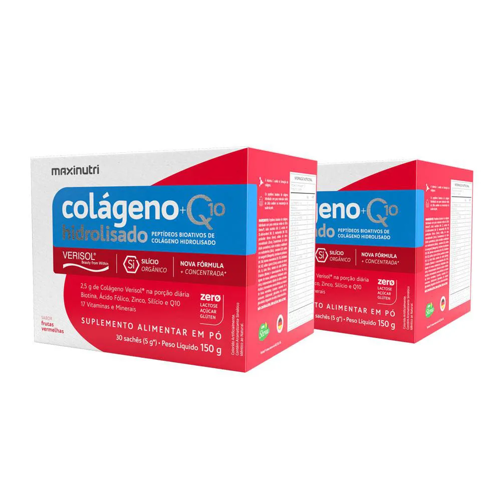 KIT 2 COLáGENO VERISOL 30 SACHêS FRUTAS VERMELHAS COM Q10 E SILICIO ORGâNICO MAXINUTRI