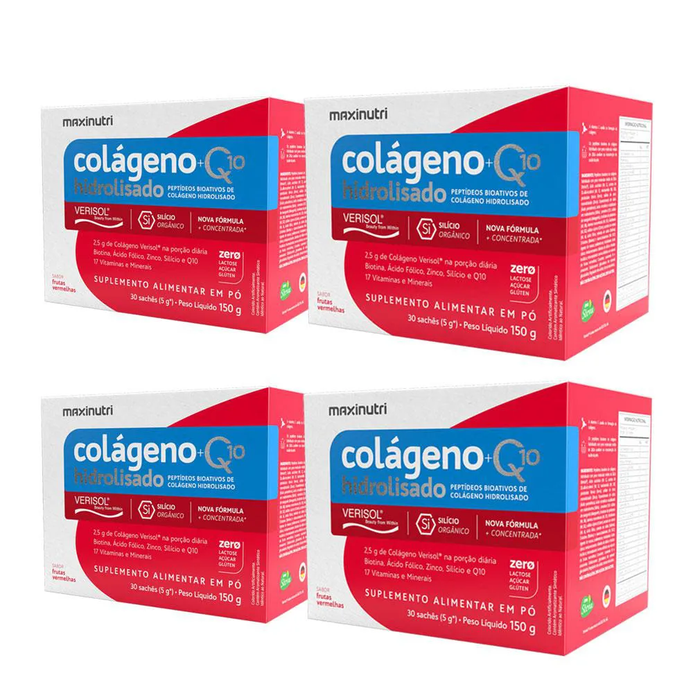KIT 4 COLáGENO VERISOL 30 SACHêS FRUTAS VERMELHAS COM Q10 E SILICIO ORGâNICO MAXINUTRI