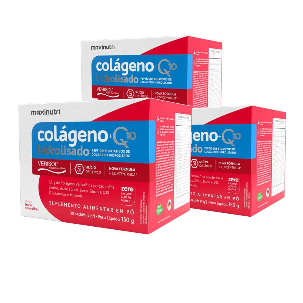 KIT 3 COLáGENO VERISOL 30 SACHêS FRUTAS VERMELHAS COM Q10 E SILICIO ORGâNICO MAXINUTRI