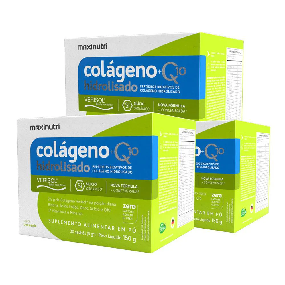 KIT 3 COLáGENO VERISOL 30 SACHêS UVA VERDE COM Q10 E SILICIO ORGâNICO MAXINUTRI