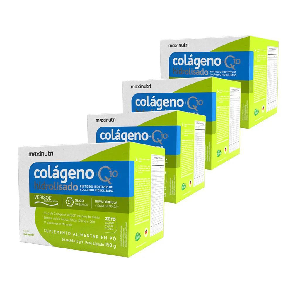 KIT 4 COLáGENO VERISOL 30 SACHêS UVA VERDE COM Q10 E SILICIO ORGâNICO MAXINUTRI