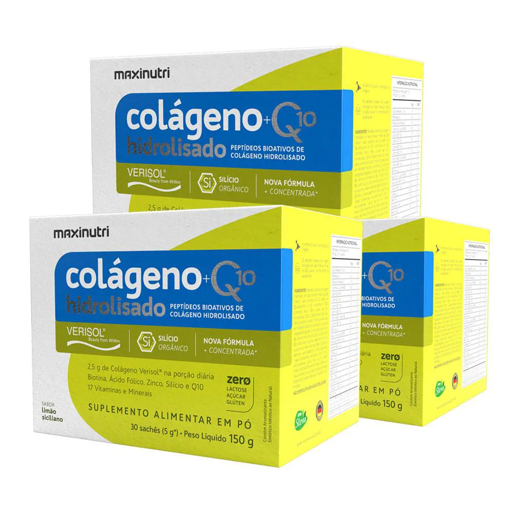 KIT 3 COLáGENO VERISOL 30 SACHêS LIMãO SICILIANO COM Q10 E SILICIO ORGâNICO MAXINUTRI