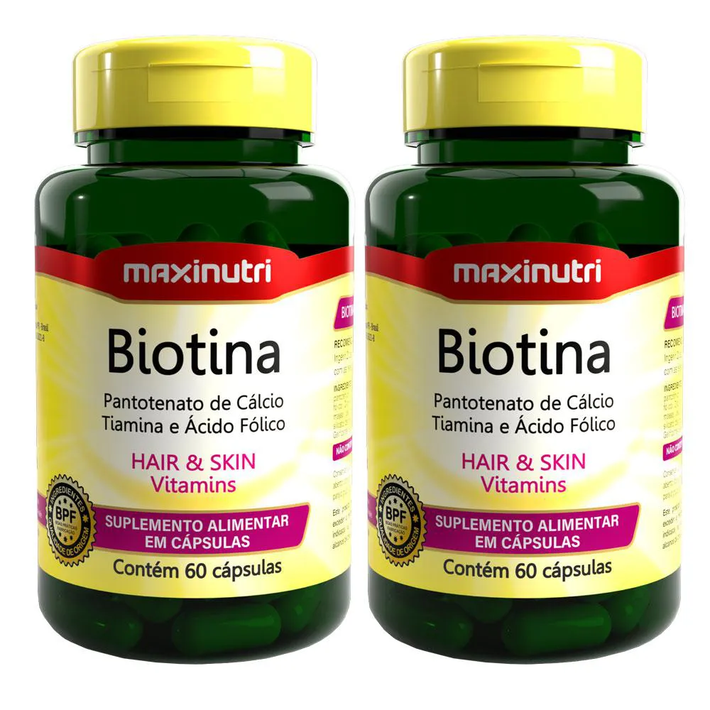KIT 2 BIOTINA MAXINUTRI PANTOTENATO DE CáLCIO TIAMINA E ÁCIDO FóLICO 60 CáPSULAS