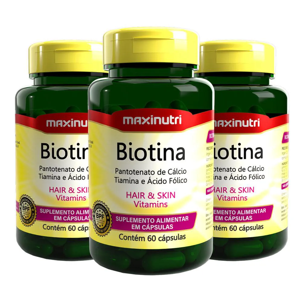 KIT 3 BIOTINA MAXINUTRI PANTOTENATO DE CáLCIO TIAMINA E ÁCIDO FóLICO 60 CáPSULAS