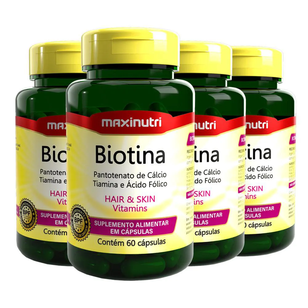 KIT 4 BIOTINA MAXINUTRI PANTOTENATO DE CáLCIO TIAMINA E ÁCIDO FóLICO 60 CáPSULAS