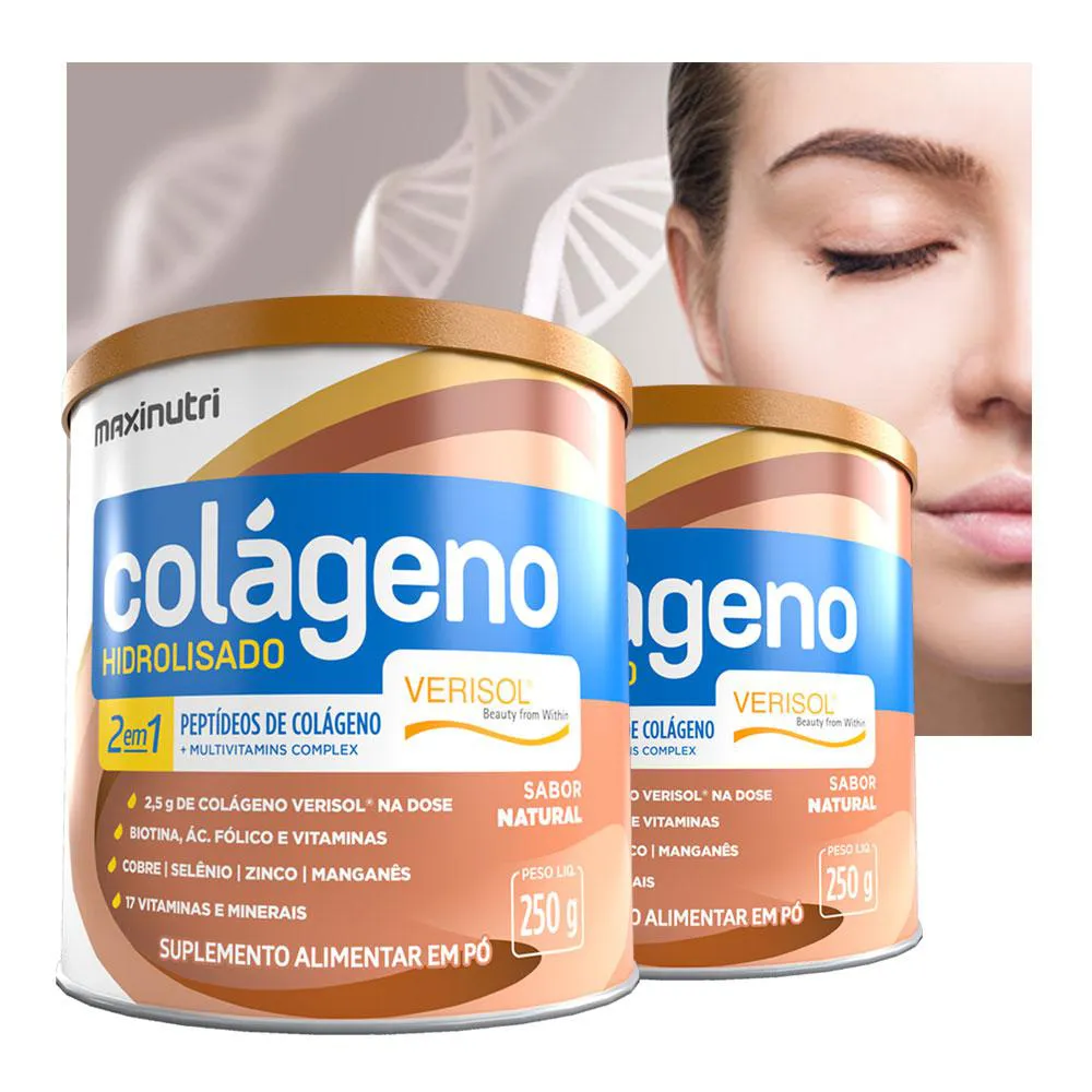 KIT 2 COLáGENO HIDROLISADO VERISOL MAXINUTRI 250G SABOR NATURAL/SEM SABOR