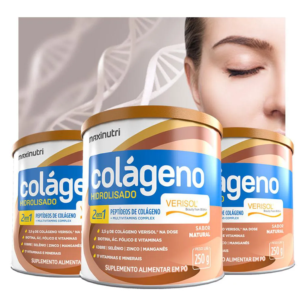 KIT 3 COLáGENO HIDROLISADO VERISOL MAXINUTRI 250G SABOR NATURAL/SEM SABOR