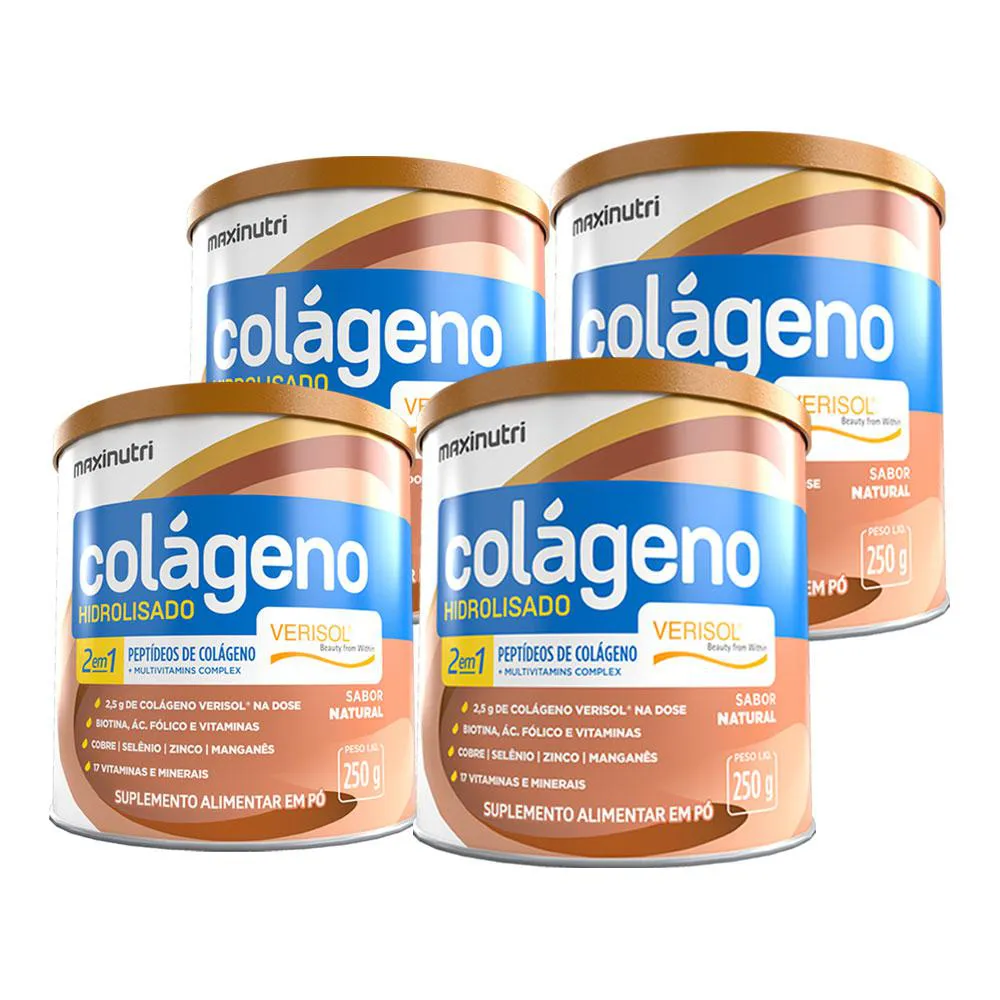 KIT 4 COLáGENO HIDROLISADO VERISOL MAXINUTRI 250G SABOR NATURAL/SEM SABOR