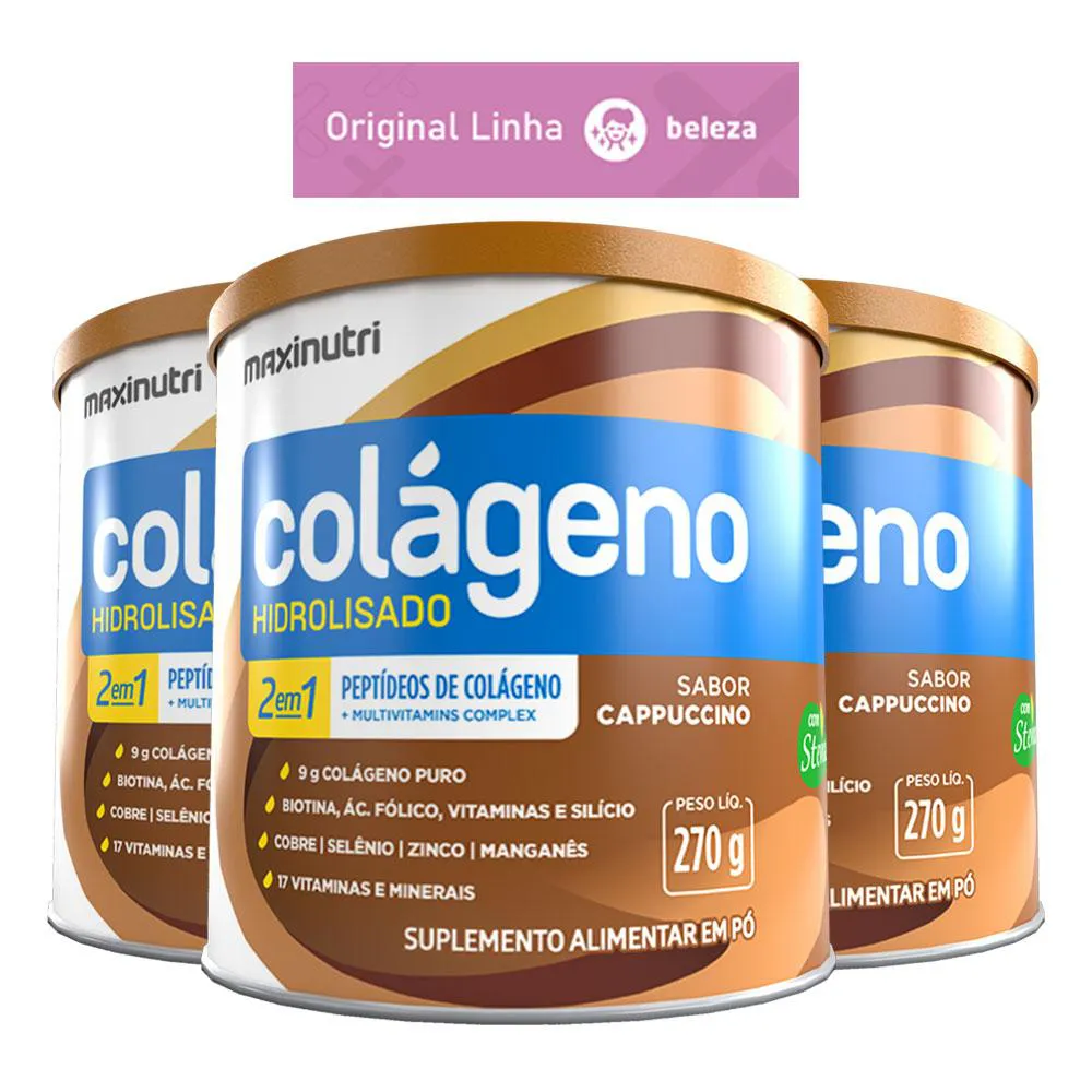 KIT 3 COLáGENO HIDROLISADO MAXINUTRI 17 VITAMINAS E MINERAIS 250G SABOR CAPPUCCINO