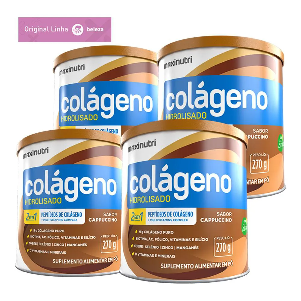 KIT 4 COLáGENO HIDROLISADO MAXINUTRI 17 VITAMINAS E MINERAIS 250G SABOR CAPPUCCINO