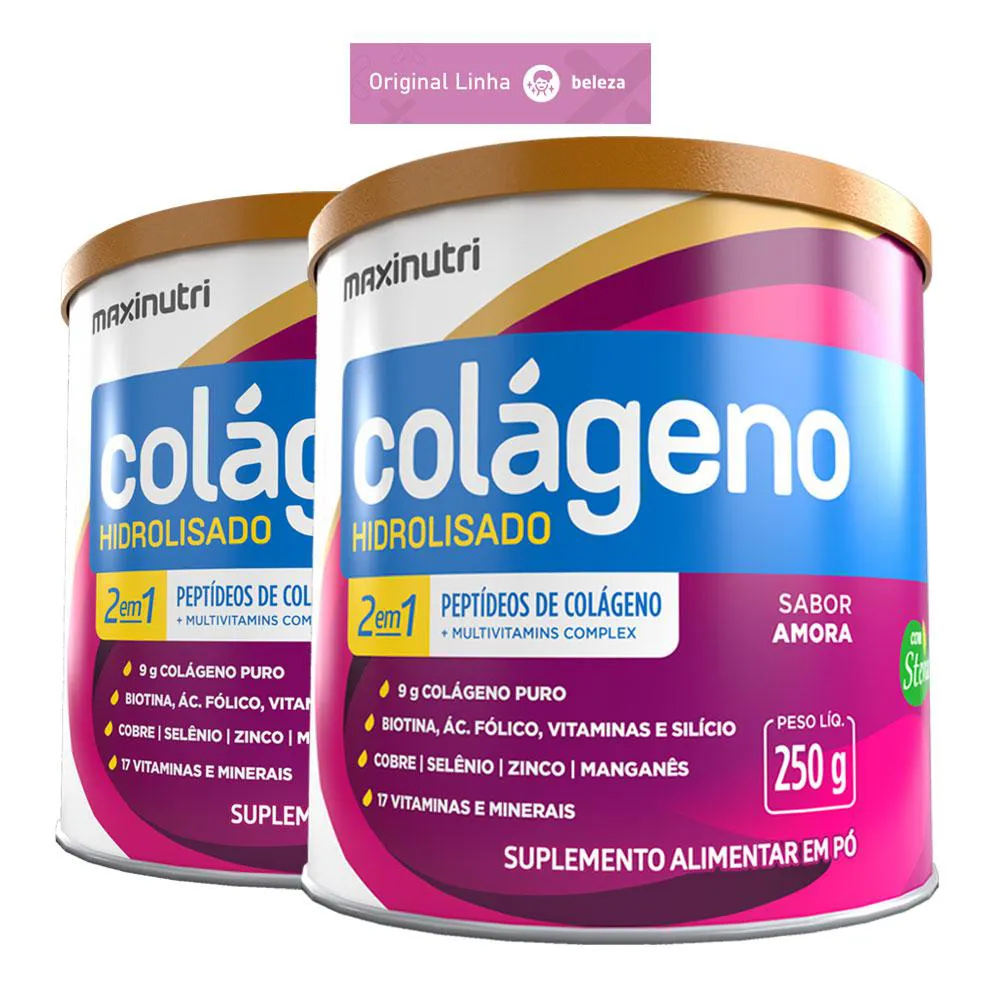 KIT 2 COLáGENO HIDROLISADO Pó 17 VITAMINAS E MINERAIS AMORA 250G MAXINUTRI
