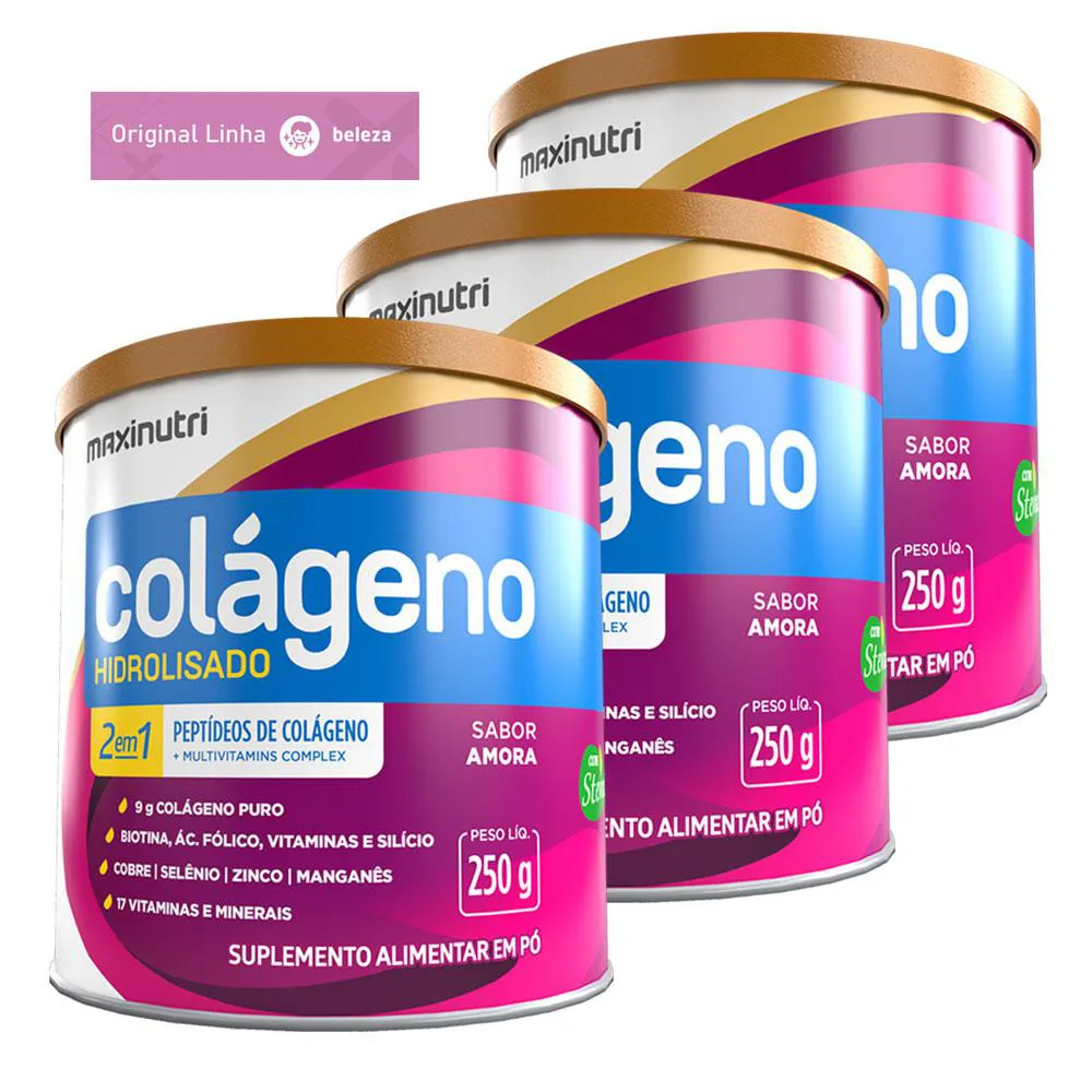 KIT 3 COLáGENO HIDROLISADO Pó 17 VITAMINAS E MINERAIS AMORA 250G MAXINUTRI