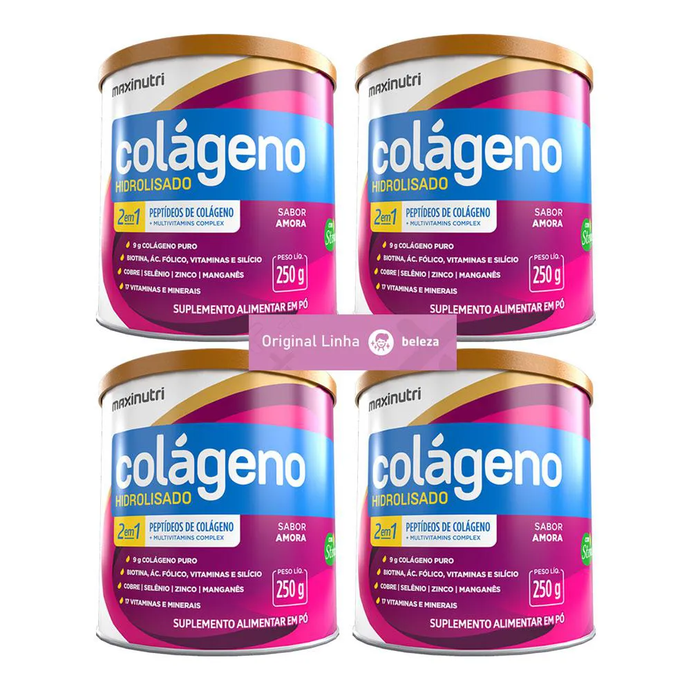 KIT 4 COLáGENO HIDROLISADO Pó 17 VITAMINAS E MINERAIS AMORA 250G MAXINUTRI