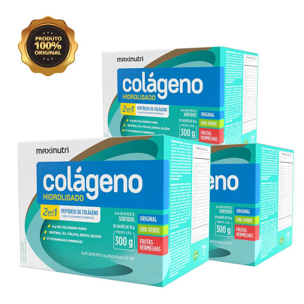 KIT 3 COLáGENO HIDROLISADO 30 SACHES SABORES SORTIDOS MAXINUTRI