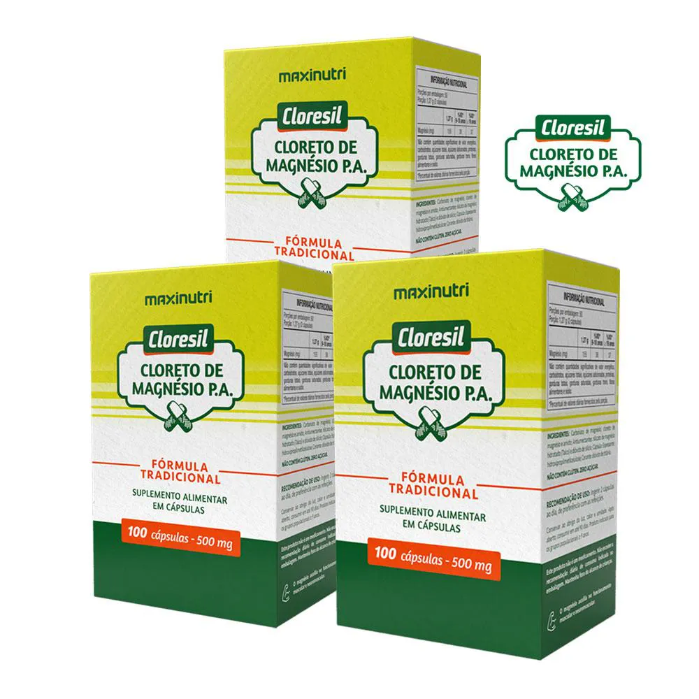 KIT 3 CLORESIL CLORETO MAGNéSIO P.A. FóRMULA TRADICIONAL 100 CáPSULAS MAXINUTRI
