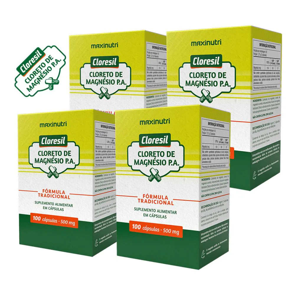 KIT 4 CLORESIL CLORETO MAGNéSIO P.A. FóRMULA TRADICIONAL 100 CáPSULAS MAXINUTRI