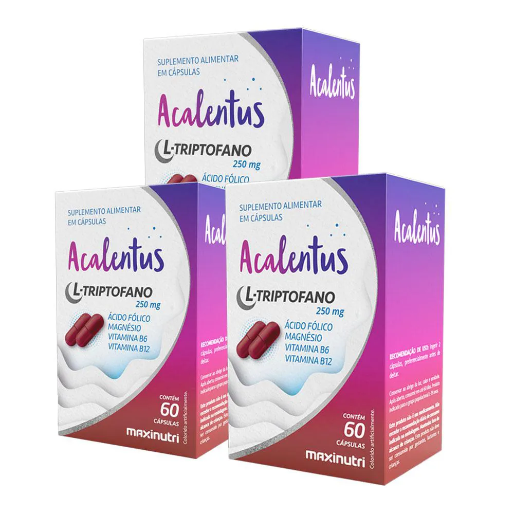 KIT 3 ACALENTUS L-TRIPTOFANO ÁCIDO FóLICO MAGNéSIO VITAMINA B6 E B12 MAXINUTRI 60 CáPS