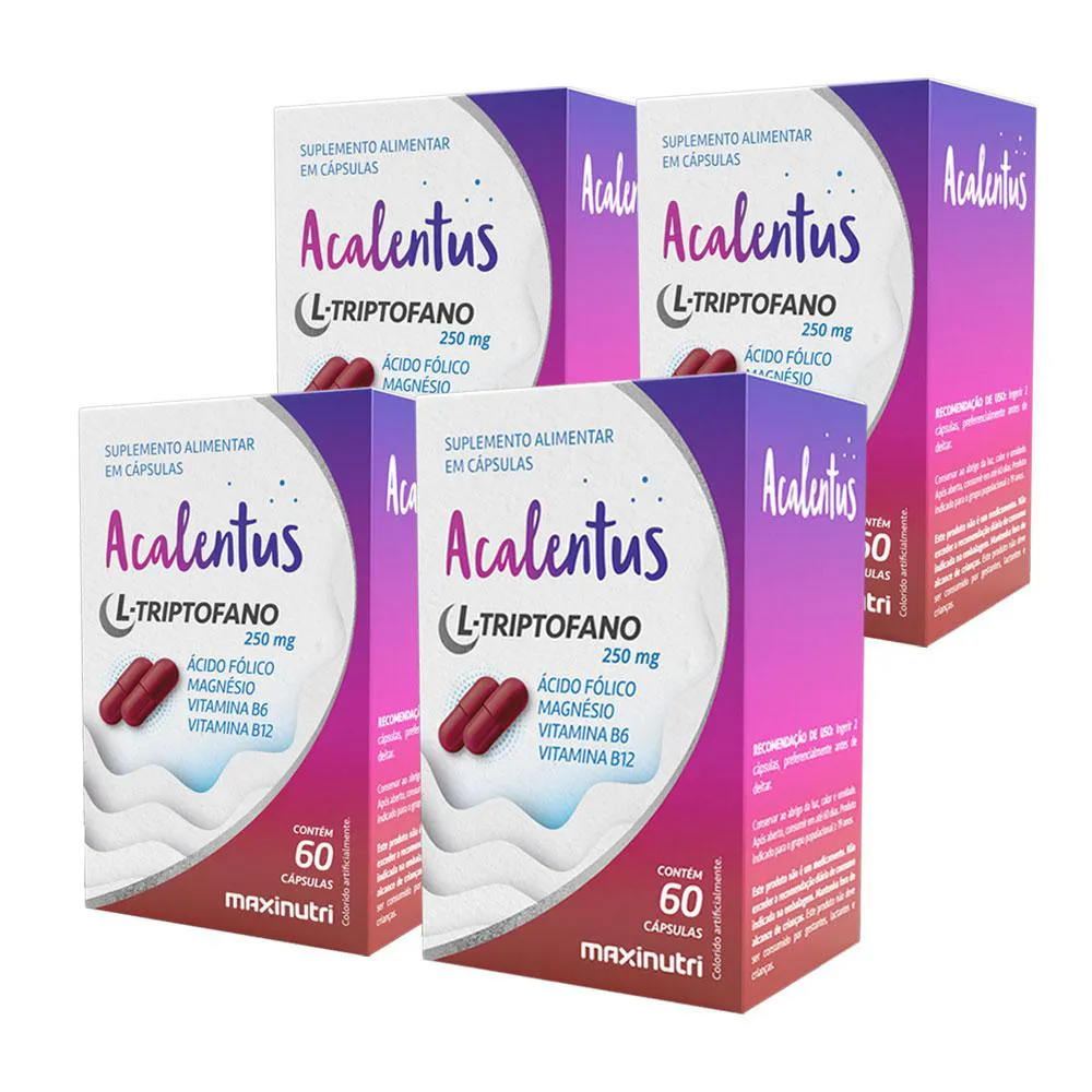 KIT 4 ACALENTUS L-TRIPTOFANO ÁCIDO FóLICO MAGNéSIO VITAMINA B6 E B12 MAXINUTRI 60 CáPS