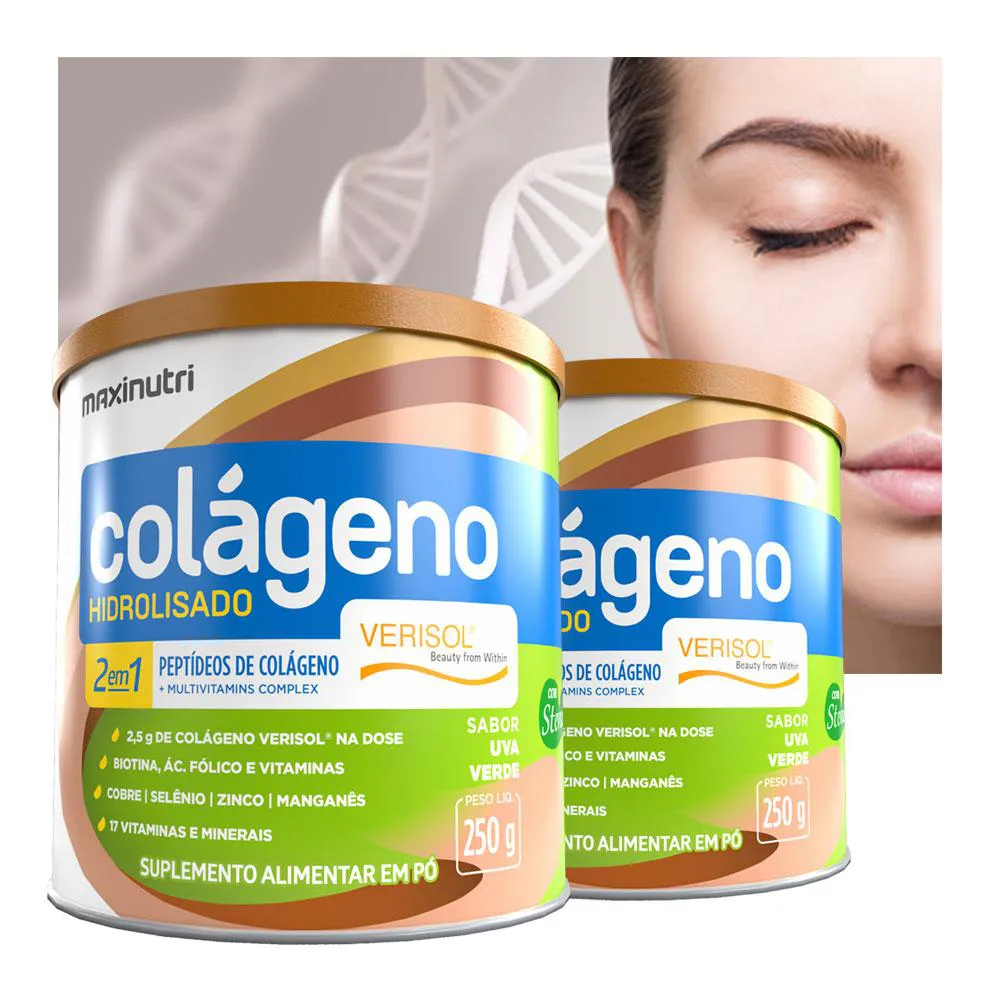 KIT 2 COLáGENO HIDROLISADO VERISOL VITAMINAS E MINERAIS MAXINUTRI 250G UVA VERDE
