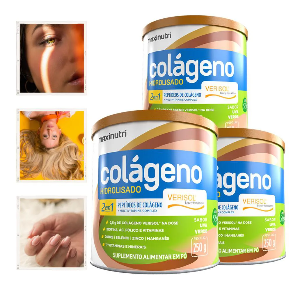 KIT 3 COLáGENO HIDROLISADO VERISOL VITAMINAS E MINERAIS MAXINUTRI 250G UVA VERDE