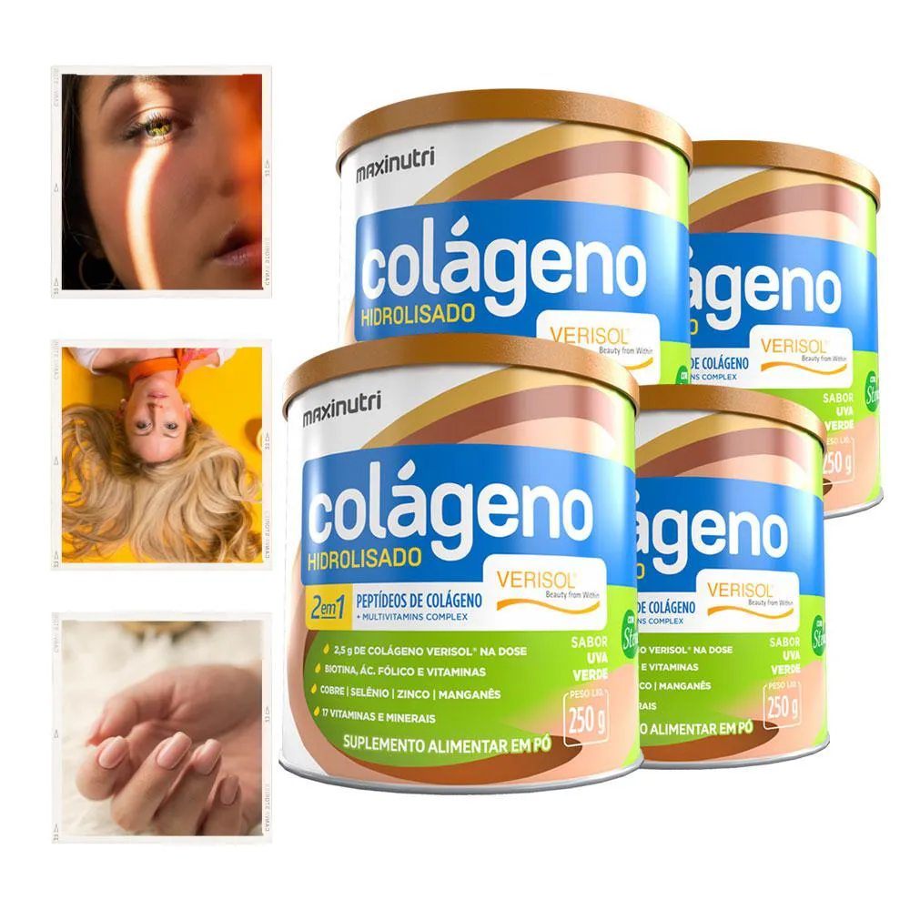 KIT 4 COLáGENO HIDROLISADO VERISOL VITAMINAS E MINERAIS MAXINUTRI 250G UVA VERDE