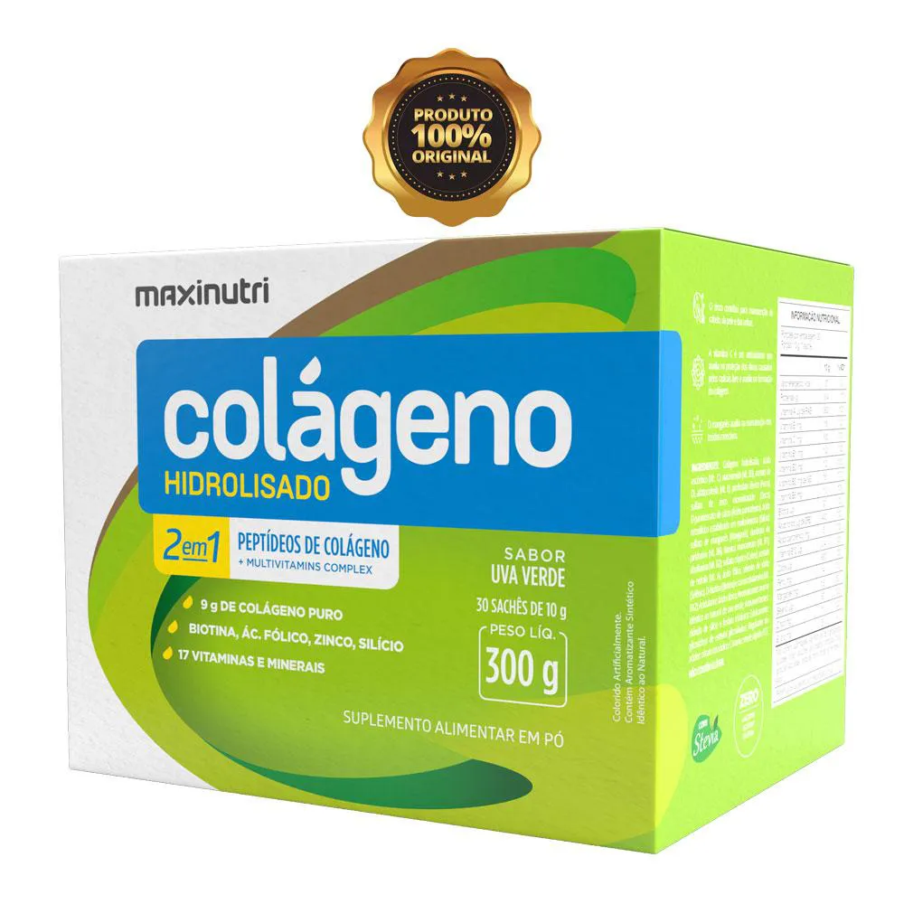 COLáGENO HIDROLISADO COM VITAMINAS E MINERAIS MAXINUTRI 30 SACHES UVA VERDE