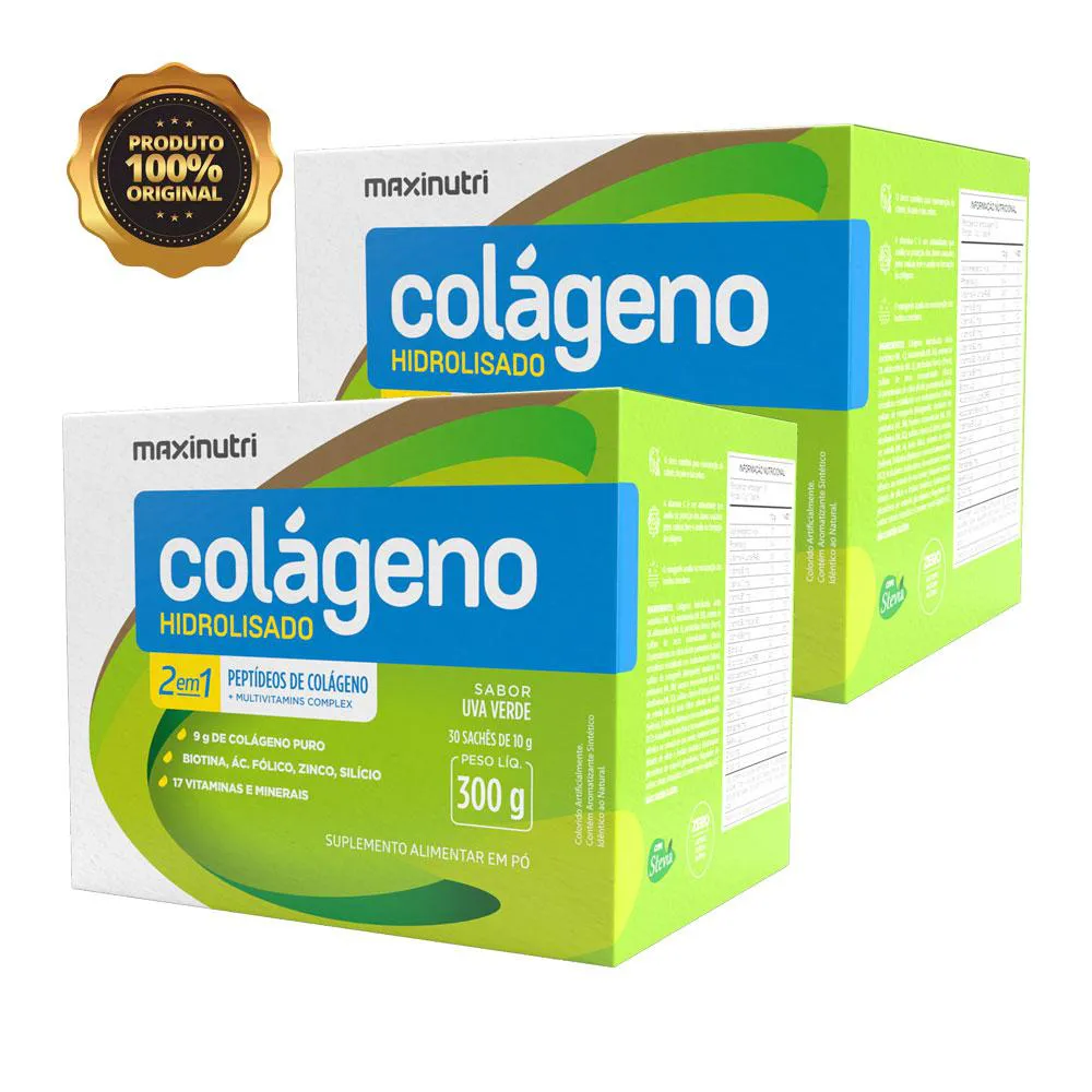 KIT 2 COLáGENO HIDROLISADO COM VITAMINAS E MINERAIS MAXINUTRI 30 SACHES UVA VERDE