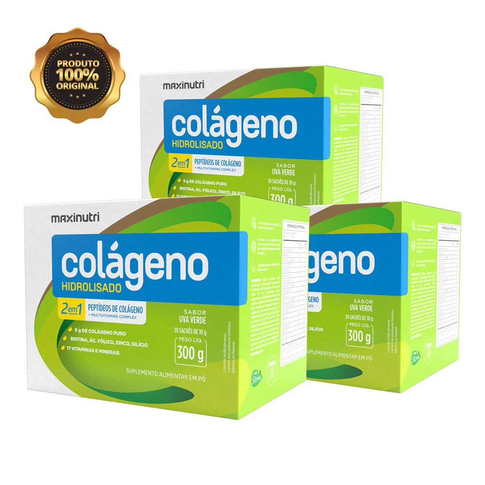 KIT 3 COLáGENO HIDROLISADO COM VITAMINAS E MINERAIS MAXINUTRI 30 SACHES UVA VERDE