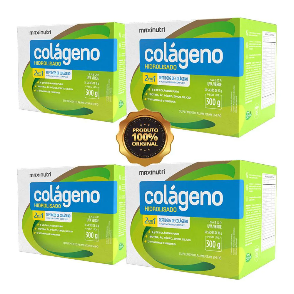 KIT 4 COLáGENO HIDROLISADO COM VITAMINAS E MINERAIS MAXINUTRI 30 SACHES UVA VERDE