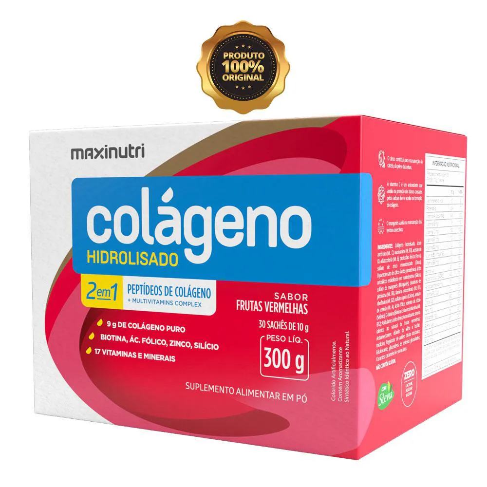 COLáGENO HIDROLISADO + 17 VITAMINAS E MINERAIS MAXINUTRI 30 SACHES FRUTAS VERMELHAS