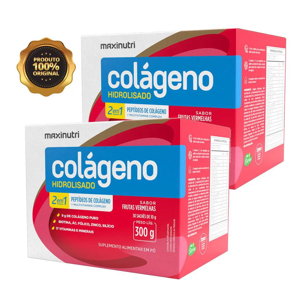 KIT 2 COLáGENO HIDROLISADO + 17 VITAMINAS E MINERAIS MAXINUTRI 30 SACHES FRUTAS VERMELHAS