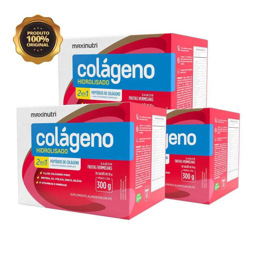 KIT 3 COLáGENO HIDROLISADO + 17 VITAMINAS E MINERAIS MAXINUTRI 30 SACHES FRUTAS VERMELHAS