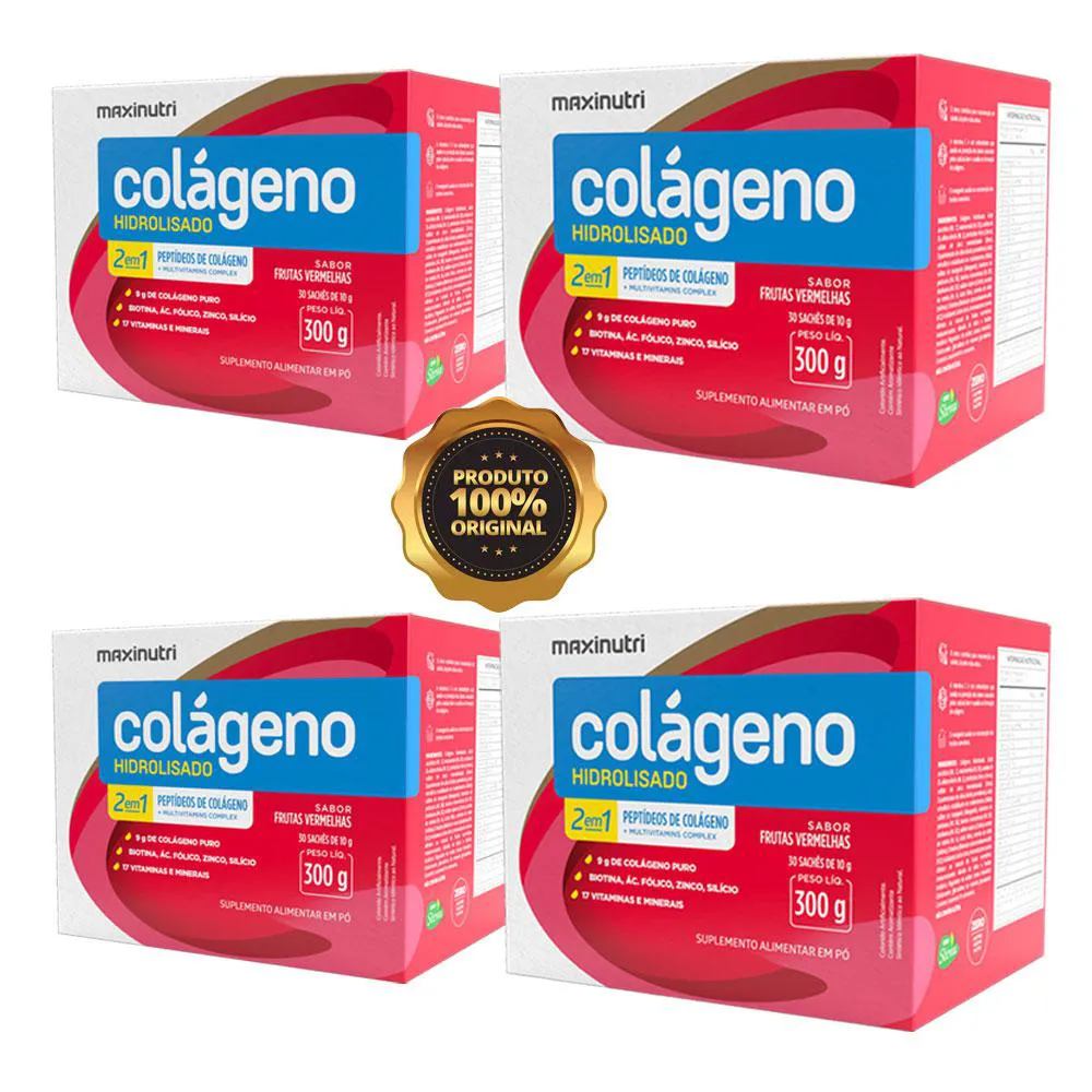 KIT 4 COLáGENO HIDROLISADO + 17 VITAMINAS E MINERAIS MAXINUTRI 30 SACHES FRUTAS VERMELHAS