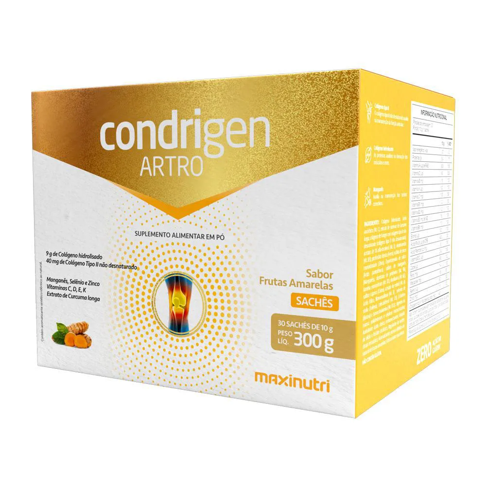 CONDRIGEN ARTRO COLáGENO TIPO 1 E TIPO 2 SACHêS FRUTAS AMARELAS MAXINUTRI