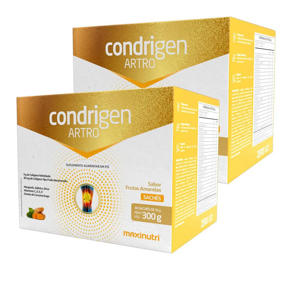 KIT 2 CONDRIGEN ARTRO COLáGENO TIPO 1 E TIPO 2 SACHêS FRUTAS AMARELAS MAXINUTRI