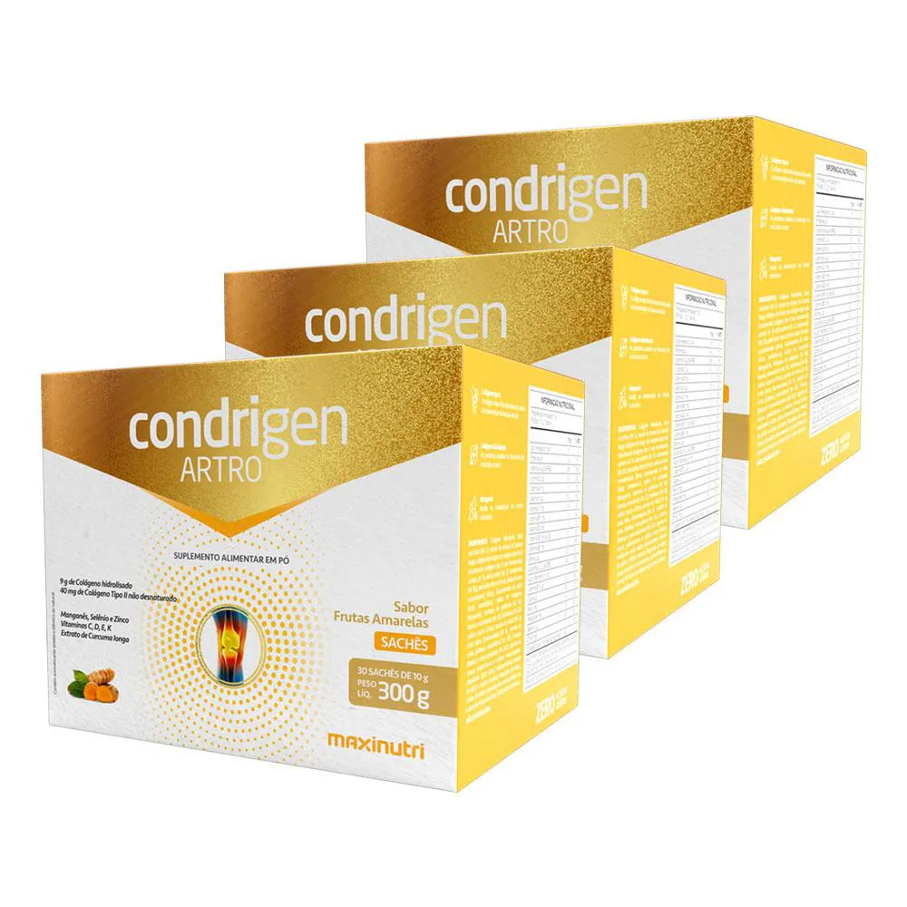 KIT 3 CONDRIGEN ARTRO COLáGENO TIPO 1 E TIPO 2 SACHêS FRUTAS AMARELAS MAXINUTRI