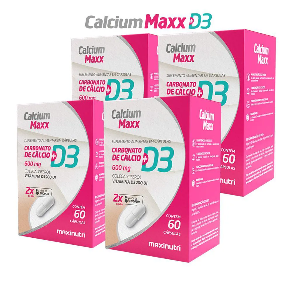 KIT 4 CALCIUM MAXX D3 CáLCIO + VITAMINA D 600MG MAXINUTRI 60 CáPSULAS